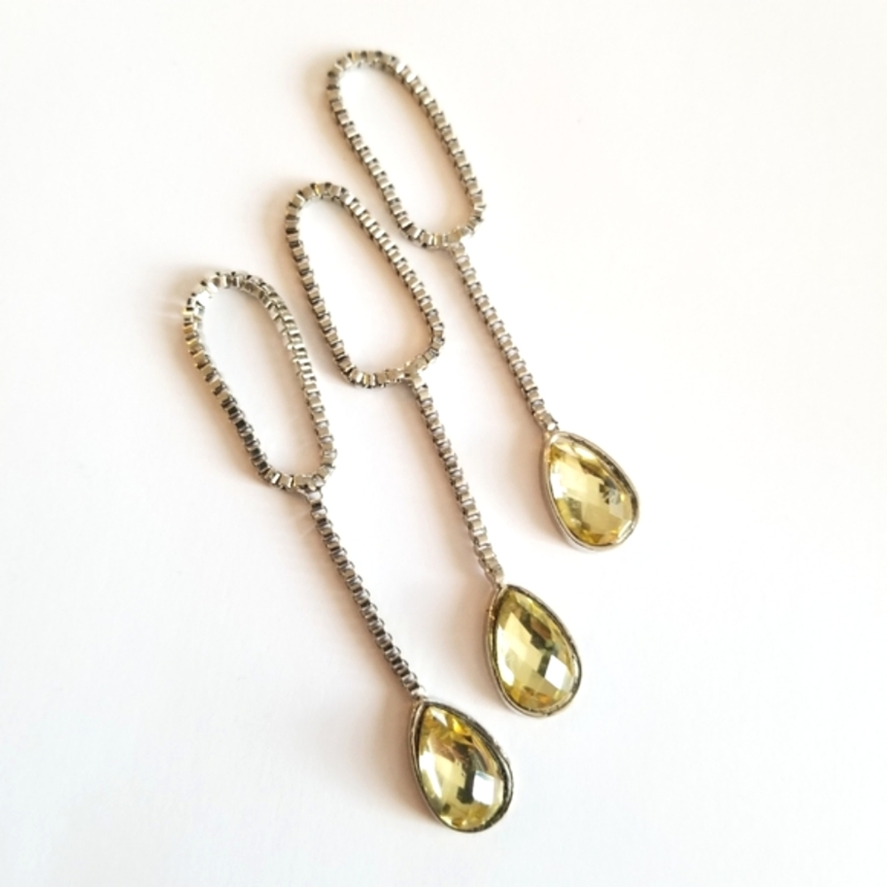 3 dangly rings silver tone chain pale yellow teardrop rhinestones 8 7.5